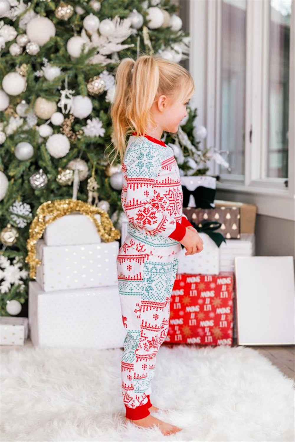 Snowflake and Deer Print Grey Family Matching Christmas Pajamas Set