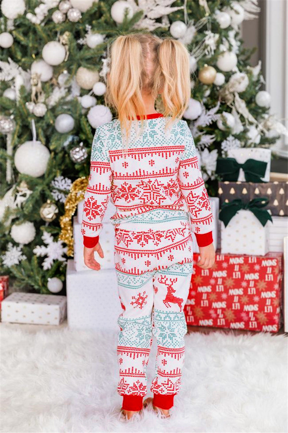 Snowflake and Deer Print Grey Family Matching Christmas Pajamas Set