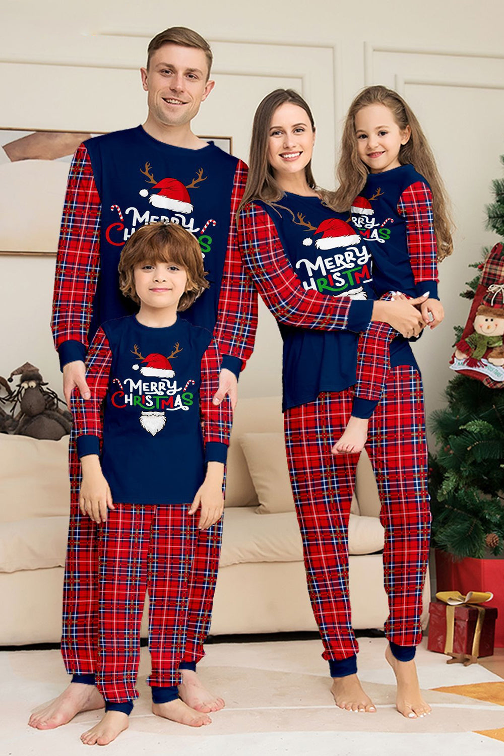 Red Navy Long Sleeve Plaid Pants Christmas Pajamas Set