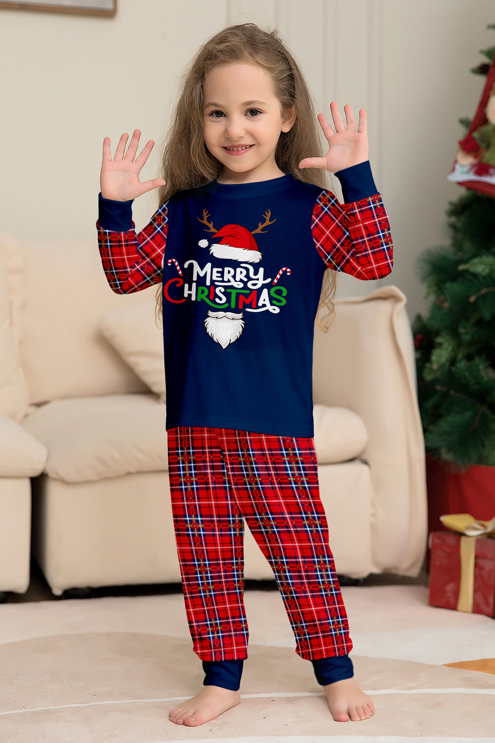 Red Navy Long Sleeve Plaid Pants Christmas Pajamas Set