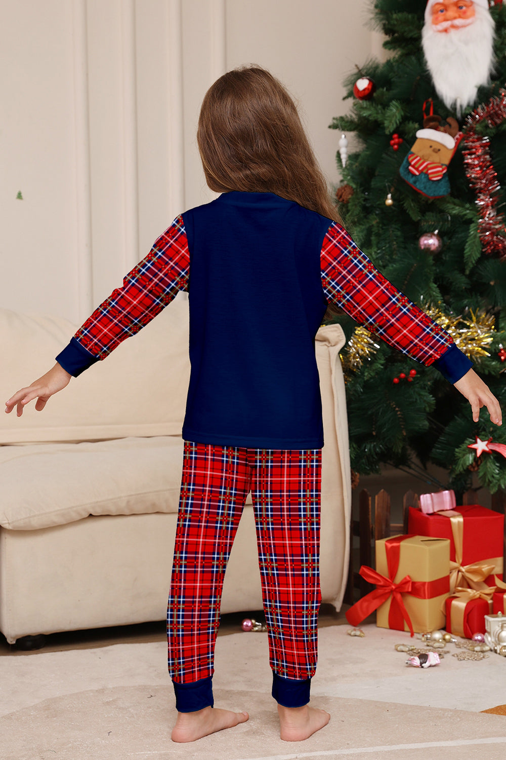 Red Navy Long Sleeve Plaid Pants Christmas Pajamas Set