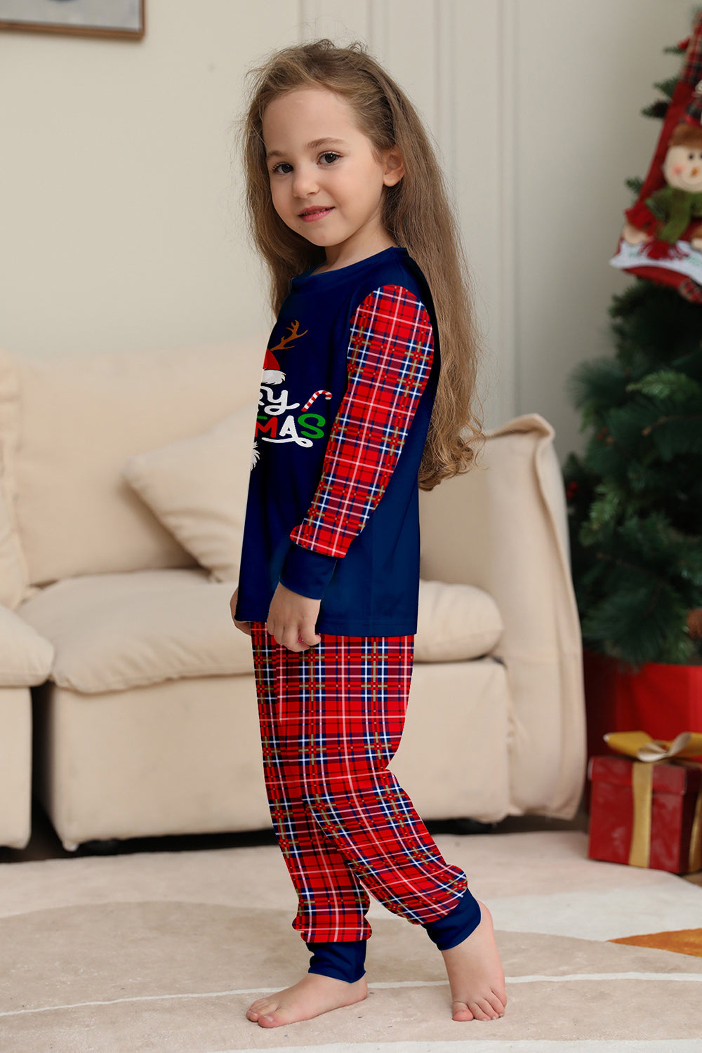 Red Navy Long Sleeve Plaid Pants Christmas Pajamas Set