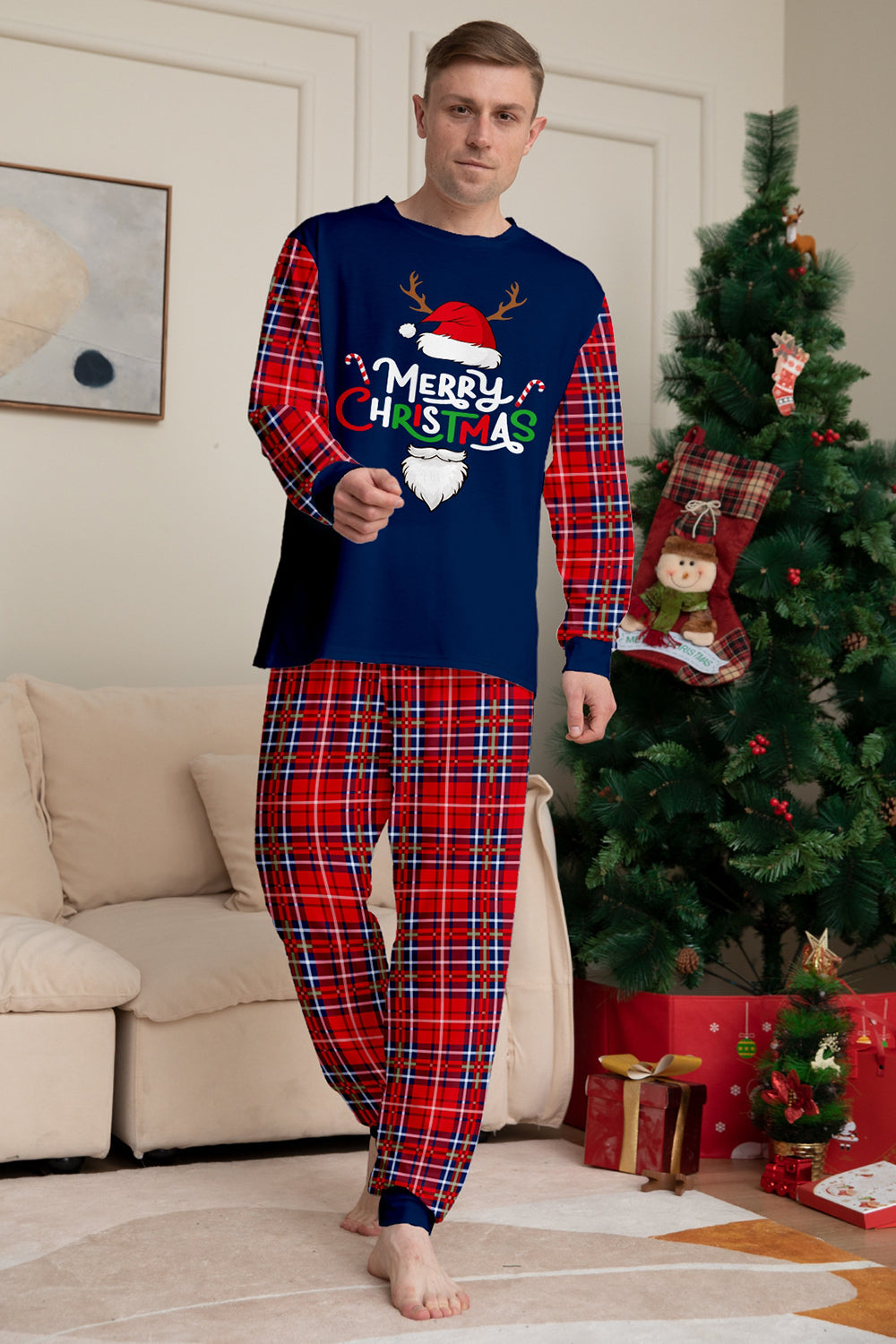 Red Navy Long Sleeve Plaid Pants Christmas Pajamas Set