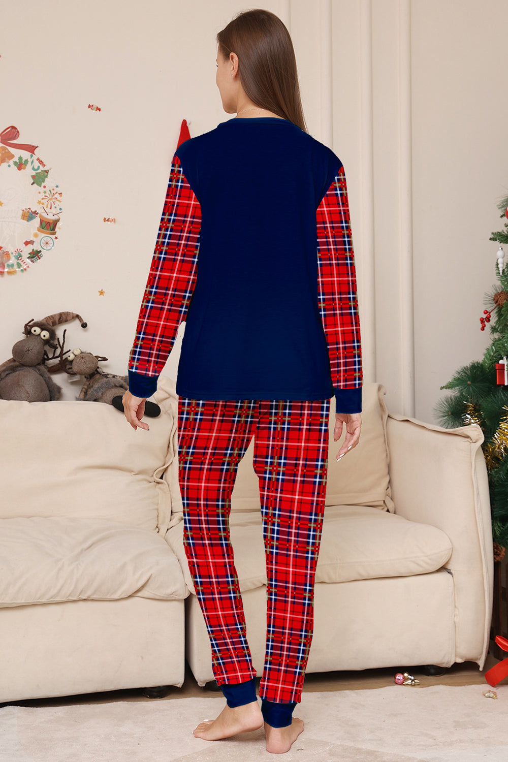Red Navy Long Sleeve Plaid Pants Christmas Pajamas Set
