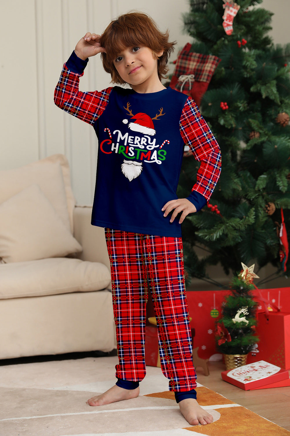 Red Navy Long Sleeve Plaid Pants Christmas Pajamas Set