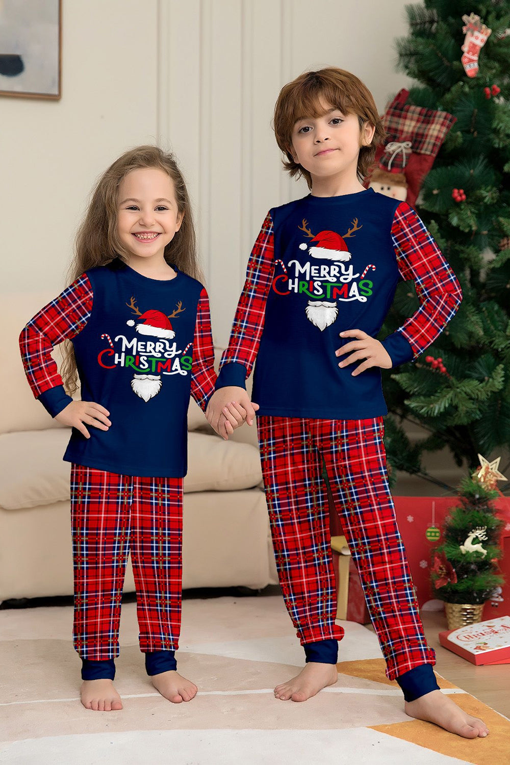 Red Navy Long Sleeve Plaid Pants Christmas Pajamas Set