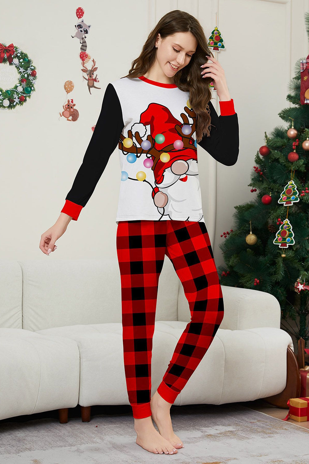 Black Red Long Sleeve Plaid Pants Christmas Pajamas Set