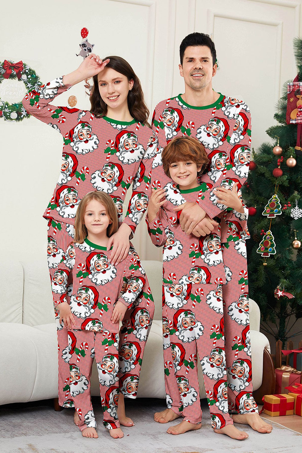 Red Striped Long Sleeve Printed Christmas Pajama Set