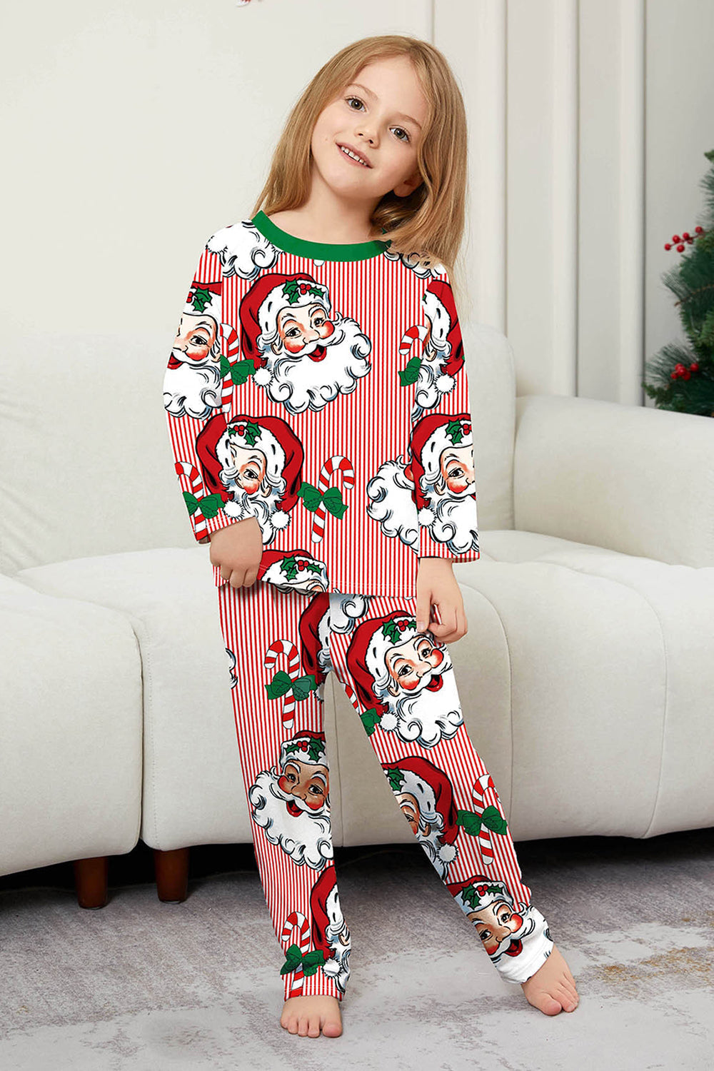 Red Striped Long Sleeve Printed Christmas Pajama Set