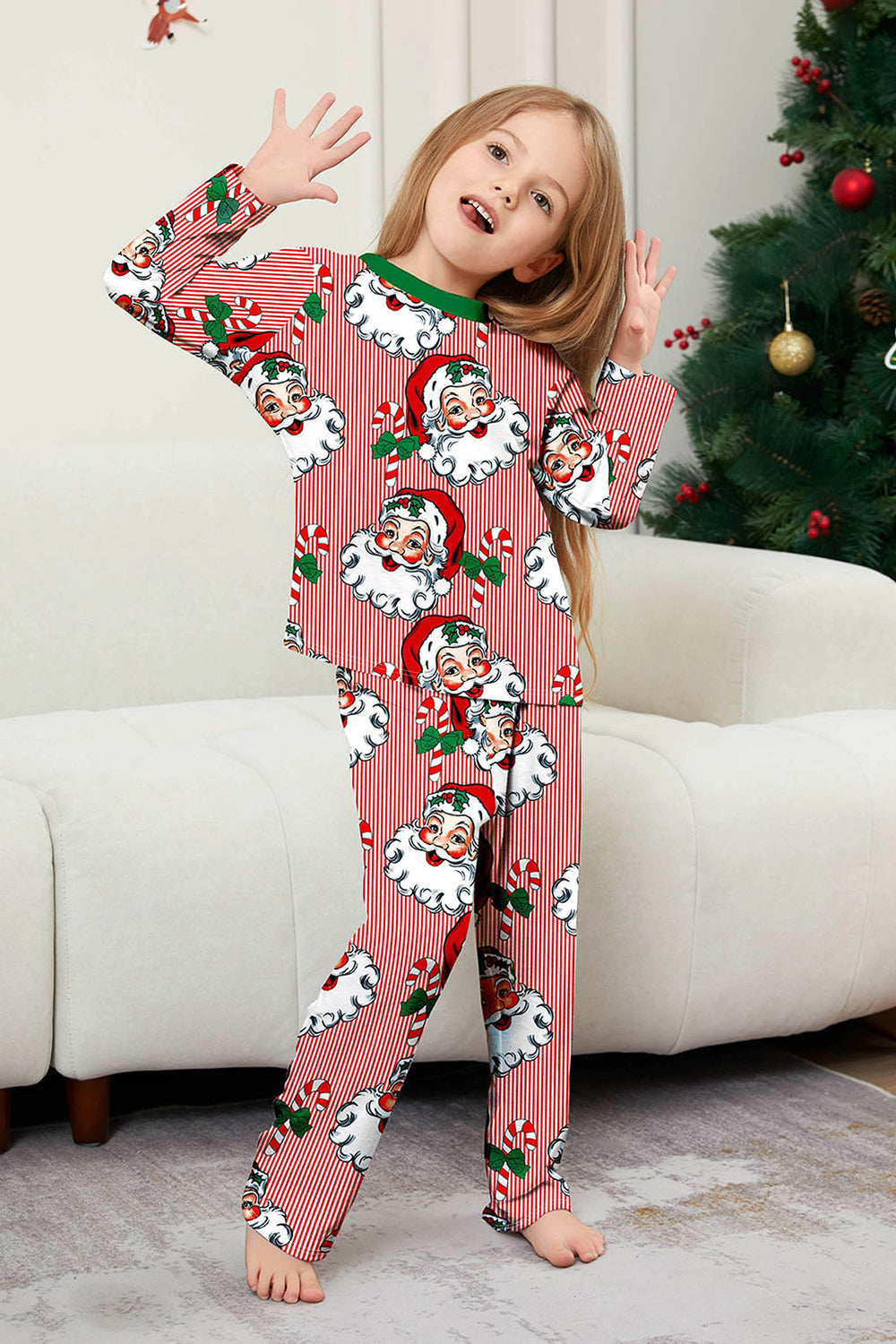 Red Striped Long Sleeve Printed Christmas Pajama Set