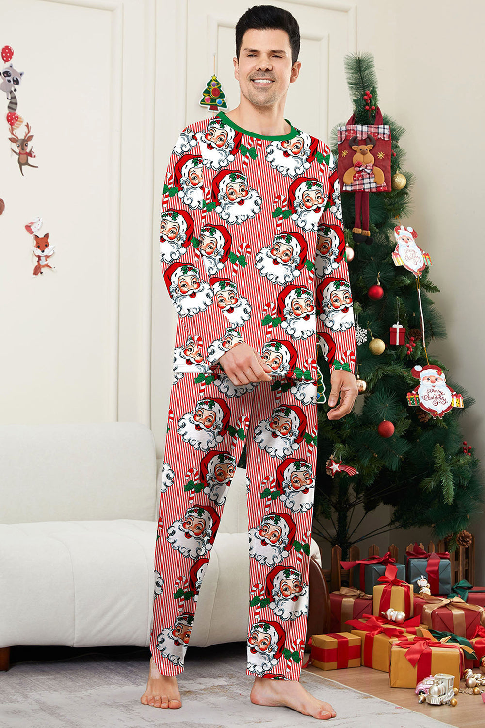 Red Striped Long Sleeve Printed Christmas Pajama Set