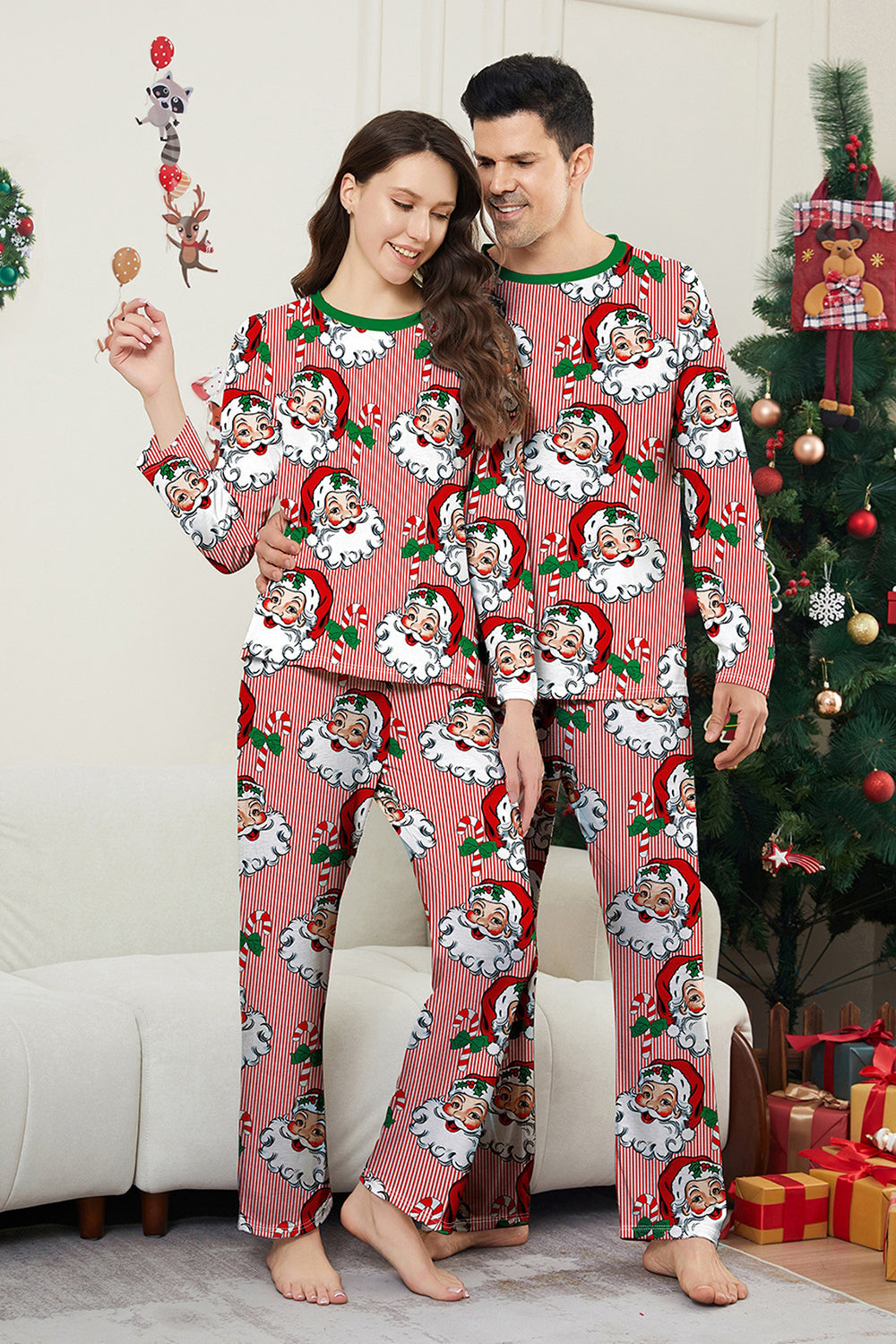 Red Striped Long Sleeve Printed Christmas Pajama Set