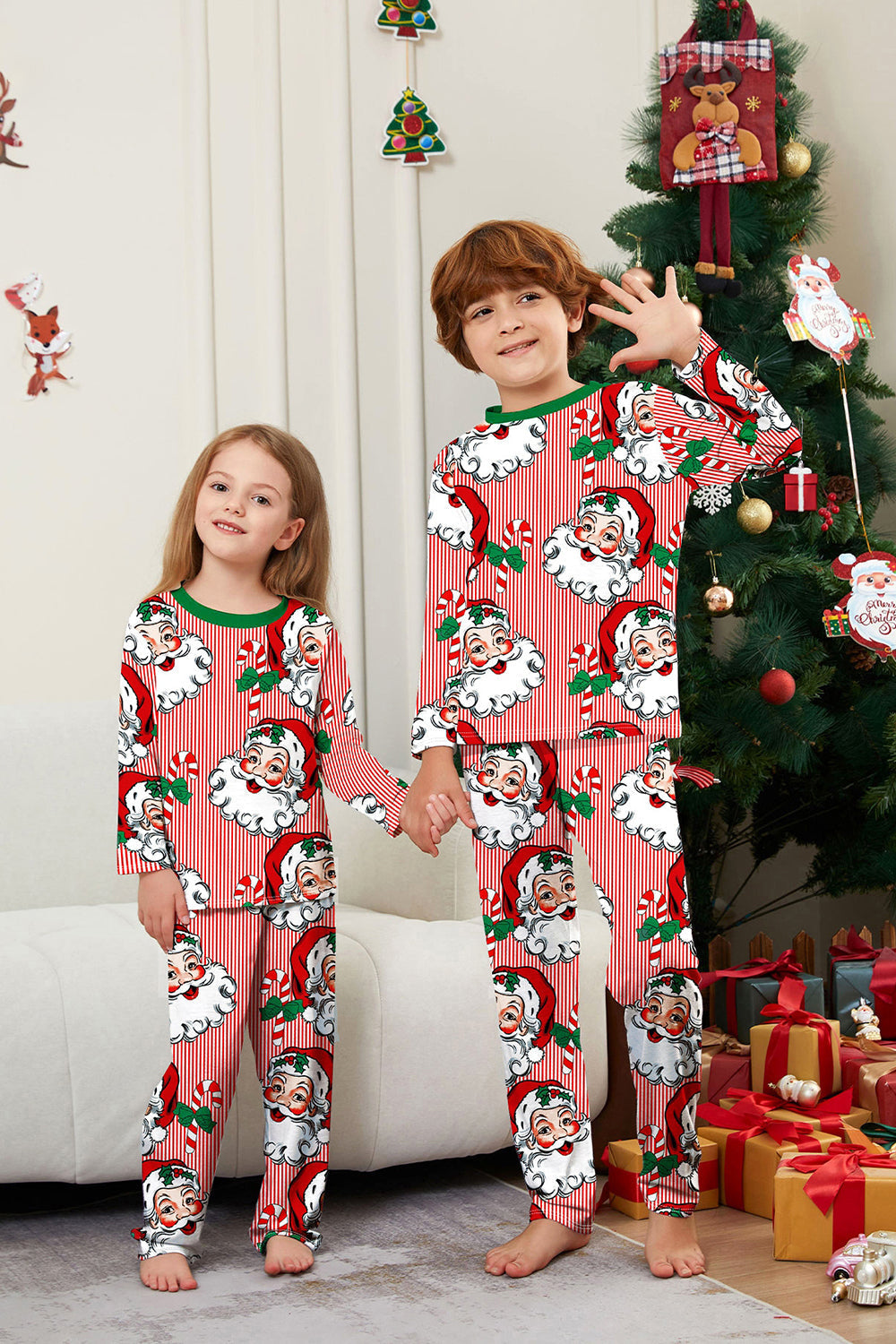Red Striped Long Sleeve Printed Christmas Pajama Set