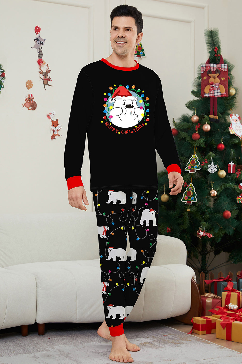 Pyjama noir à manches longues avec motif de poires, assorti pour toute la famille