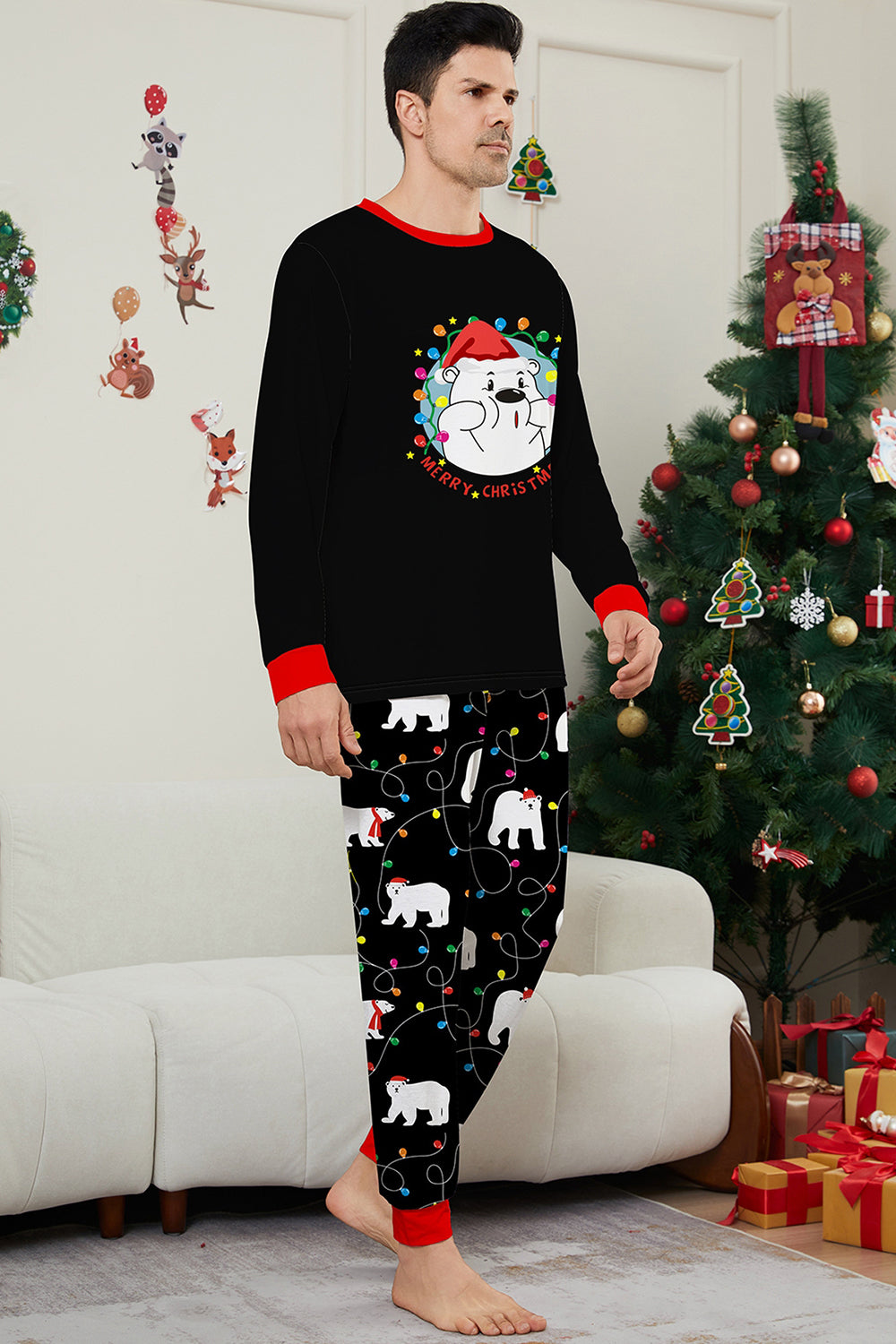 Pyjama noir à manches longues avec motif de poires, assorti pour toute la famille