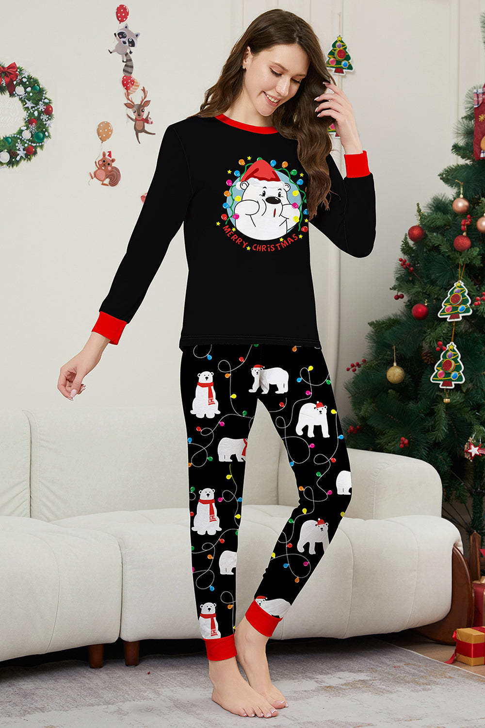 Pyjama noir à manches longues avec motif de poires, assorti pour toute la famille
