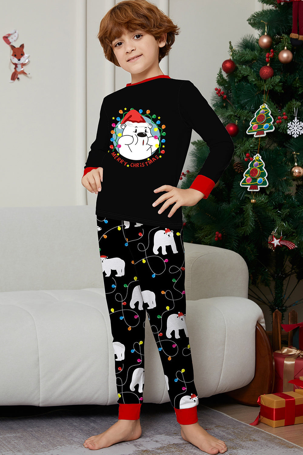 Pyjama noir à manches longues avec motif de poires, assorti pour toute la famille