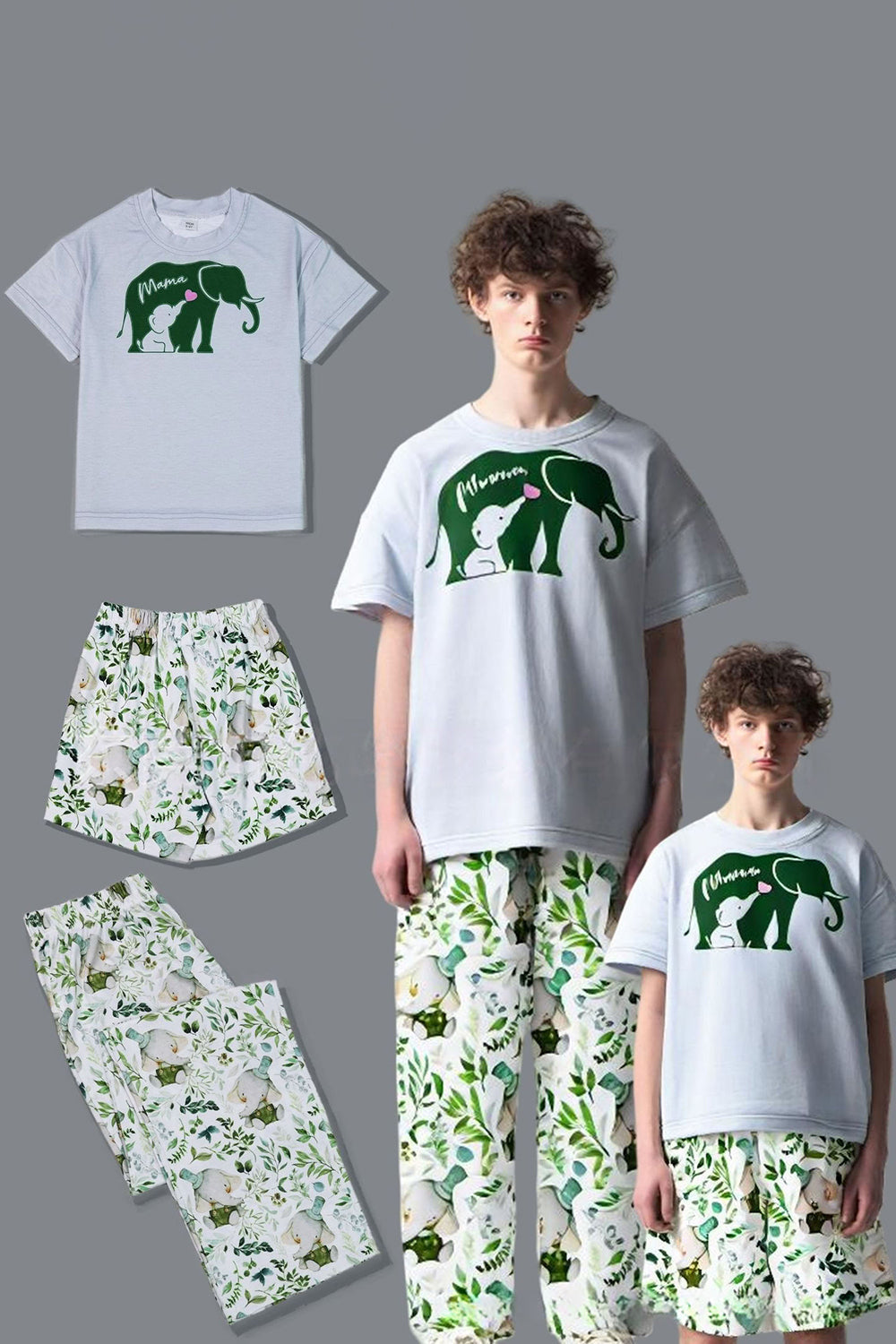 White Green Floral Printed Short Sleeve Matching Family Pajamas