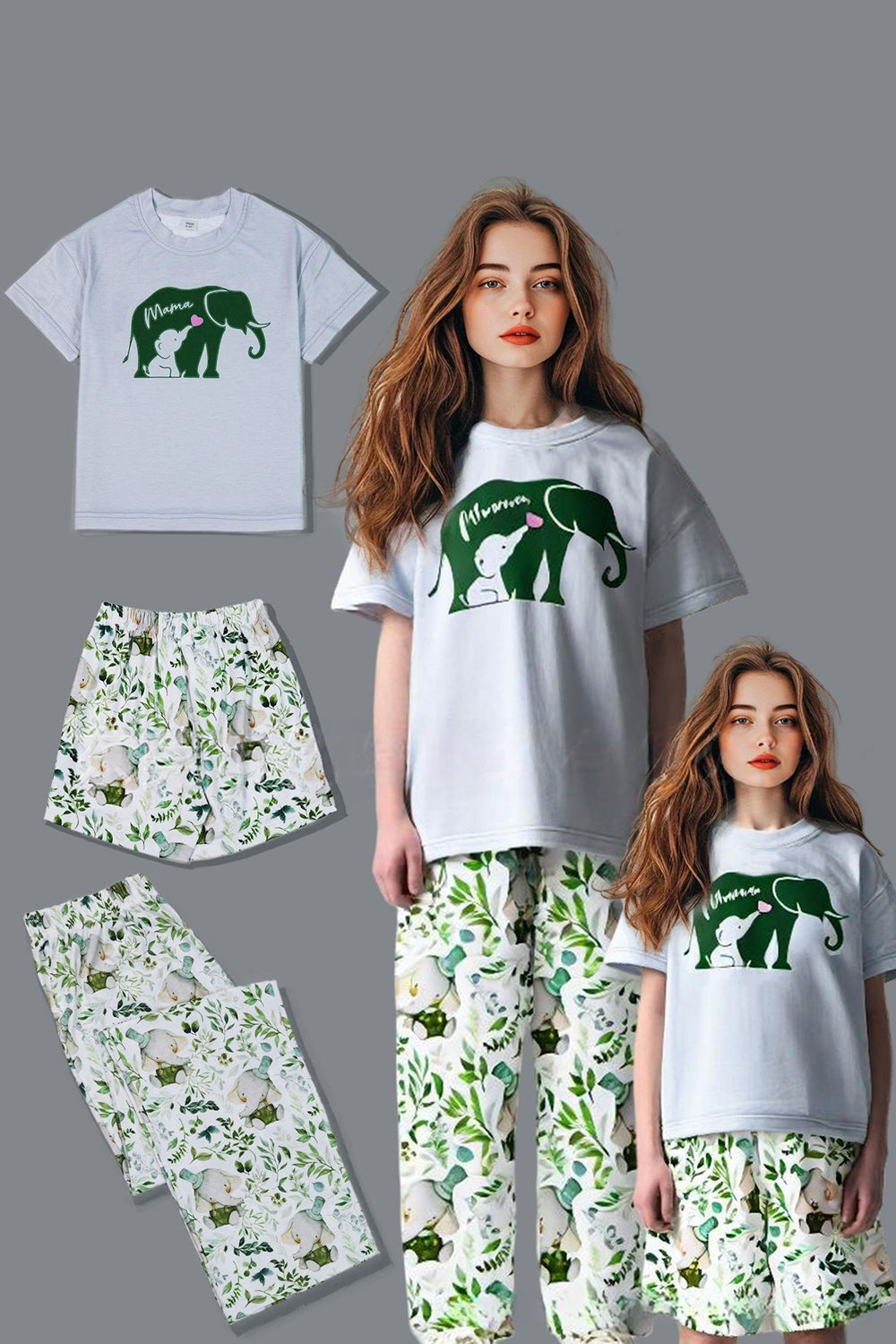 White Green Floral Printed Short Sleeve Matching Family Pajamas