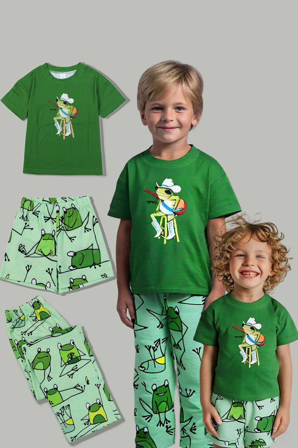 Green Frog Printed Short Sleeve Matching Family Pajamas