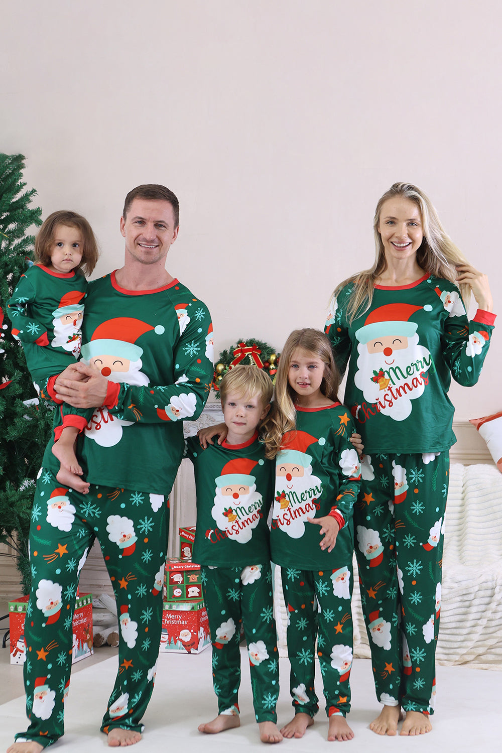 Pyjama de Noël familial à manches longues imprimé Père Noël vert foncé