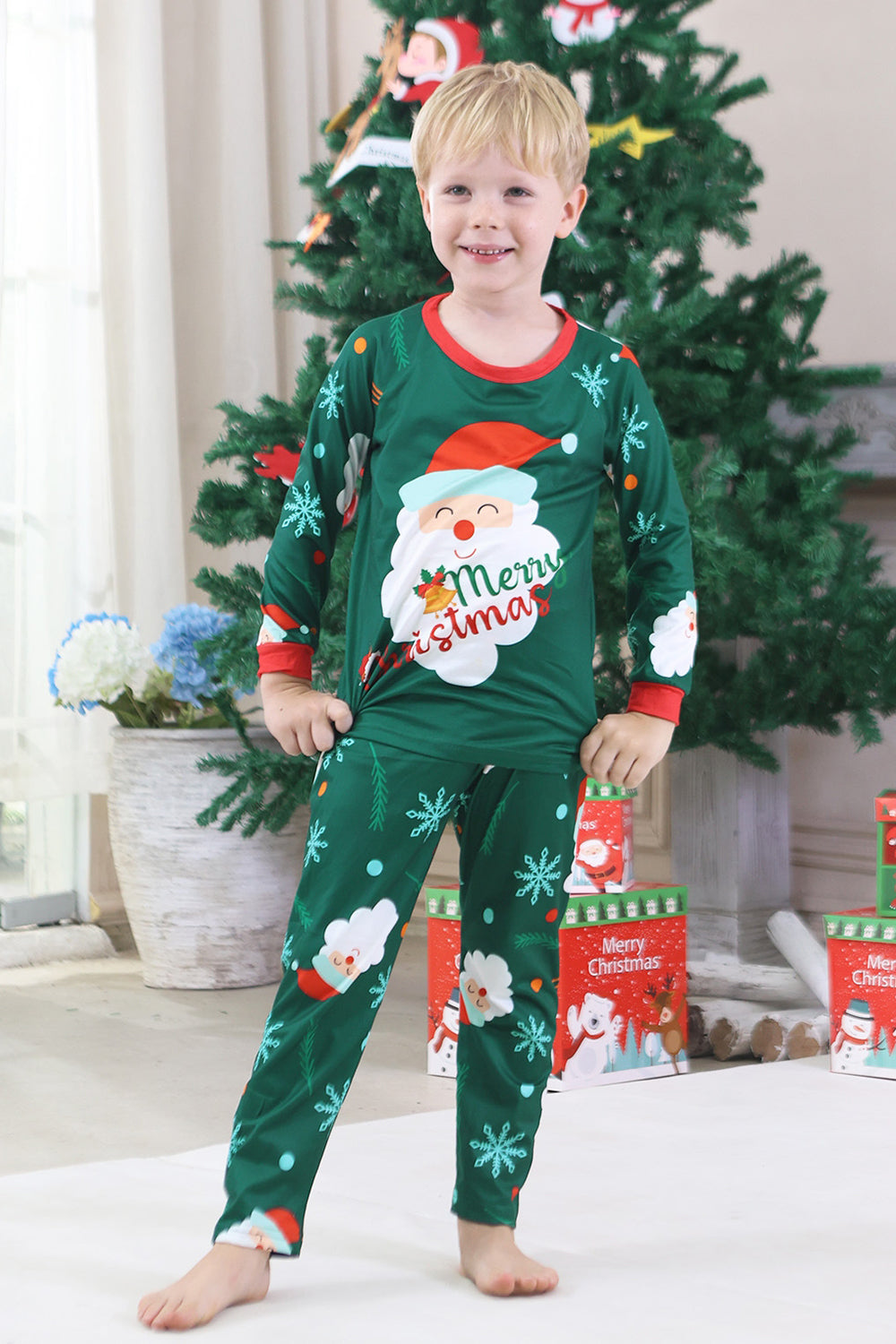 Pyjama de Noël familial à manches longues imprimé Père Noël vert foncé