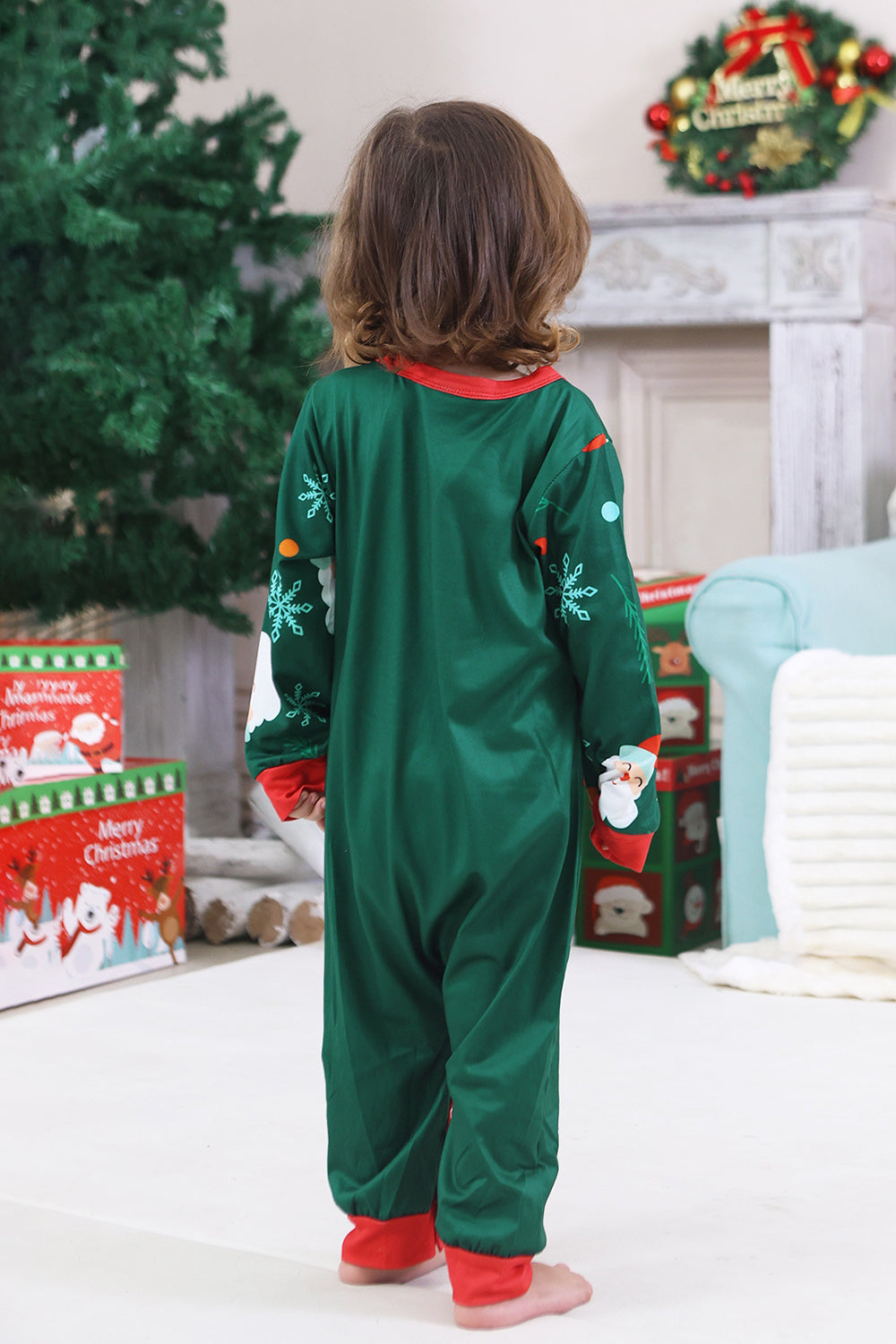 Pyjama de Noël familial à manches longues imprimé Père Noël vert foncé