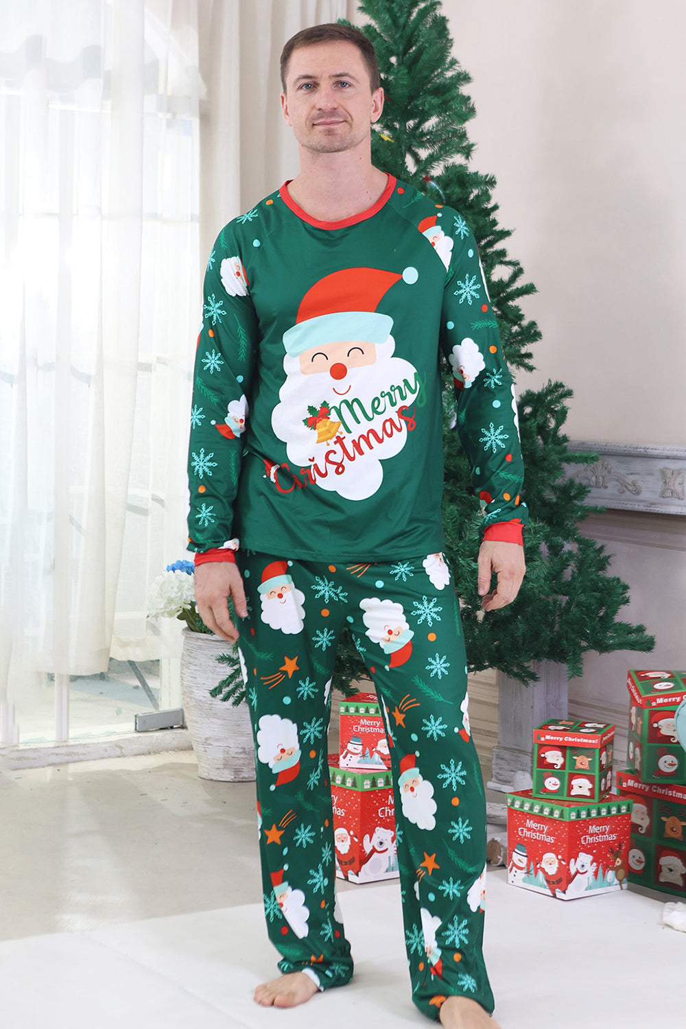 Pyjama de Noël familial à manches longues imprimé Père Noël vert foncé