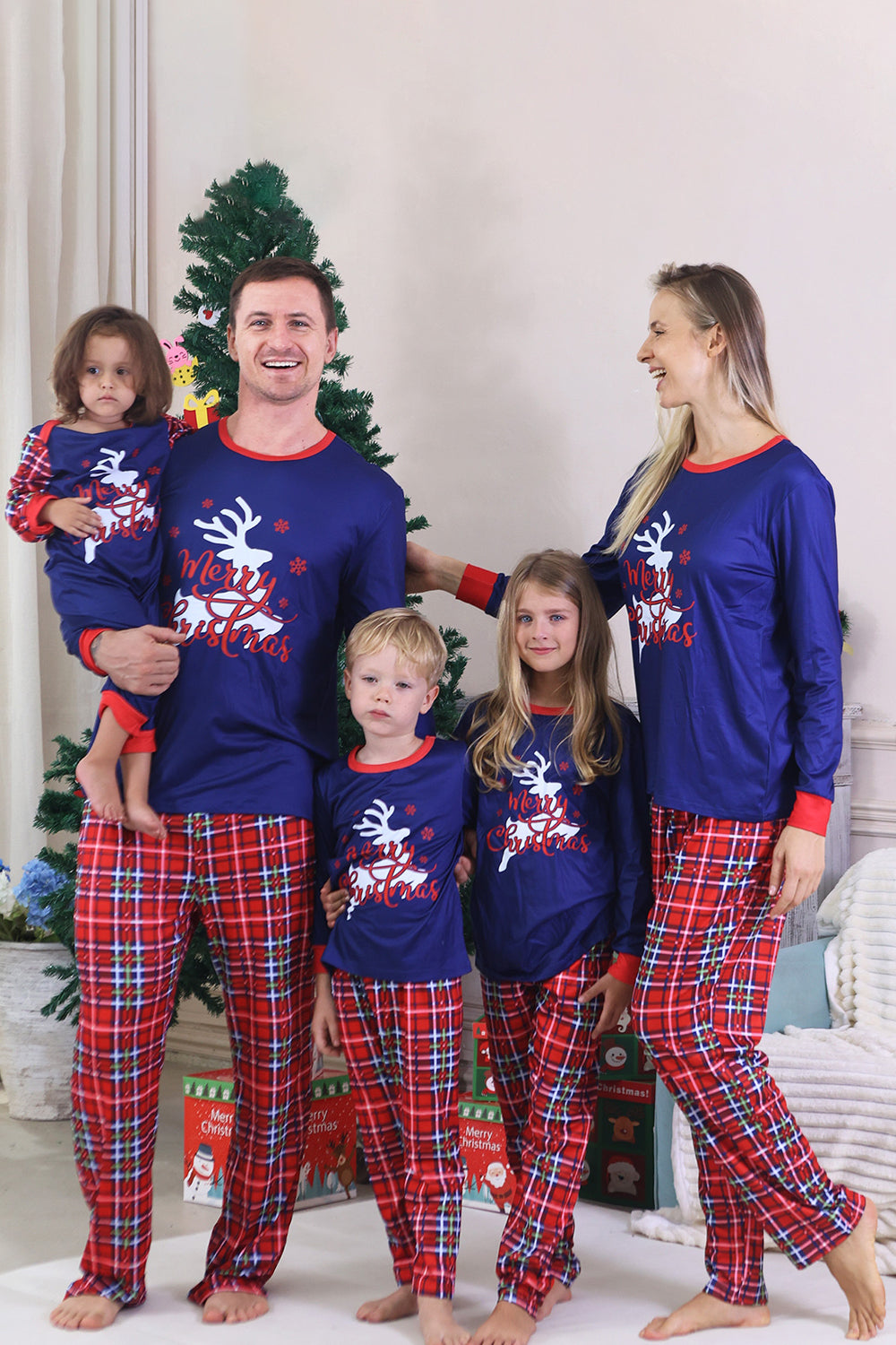 Royal Blue Print Plaid Christmas Matching Family Pajamas