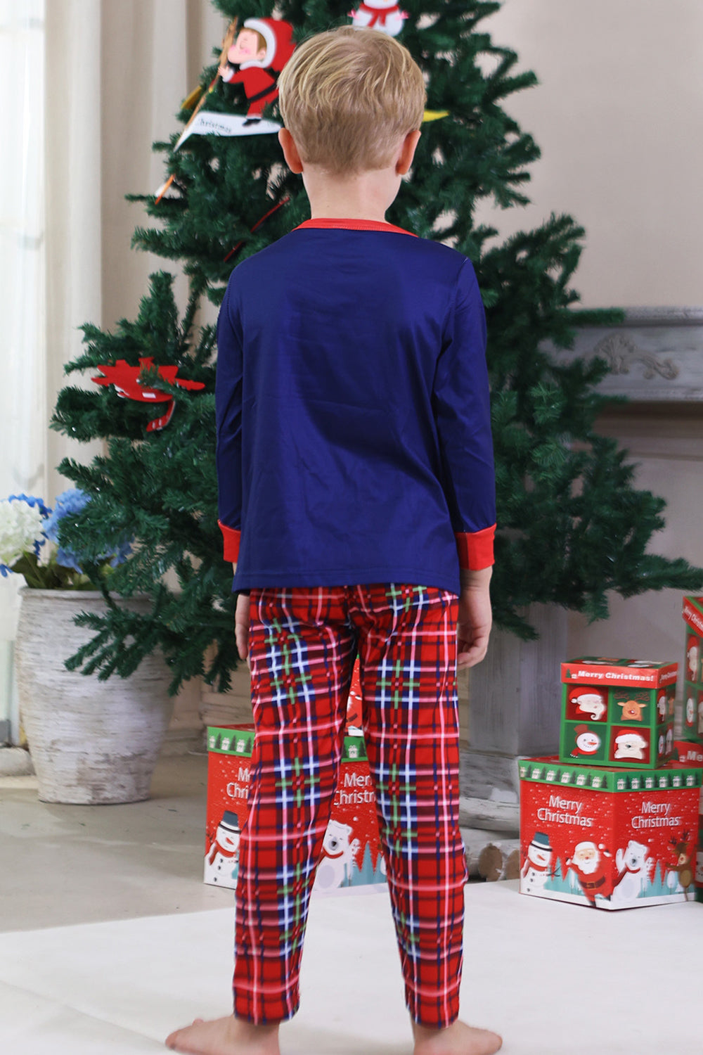 Royal Blue Print Plaid Christmas Matching Family Pajamas