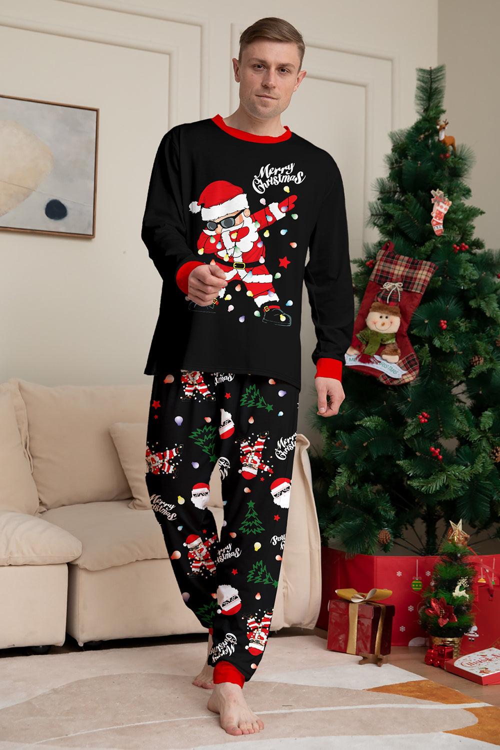 Black Christmas Santa Print Family Matching Pajamas Sets