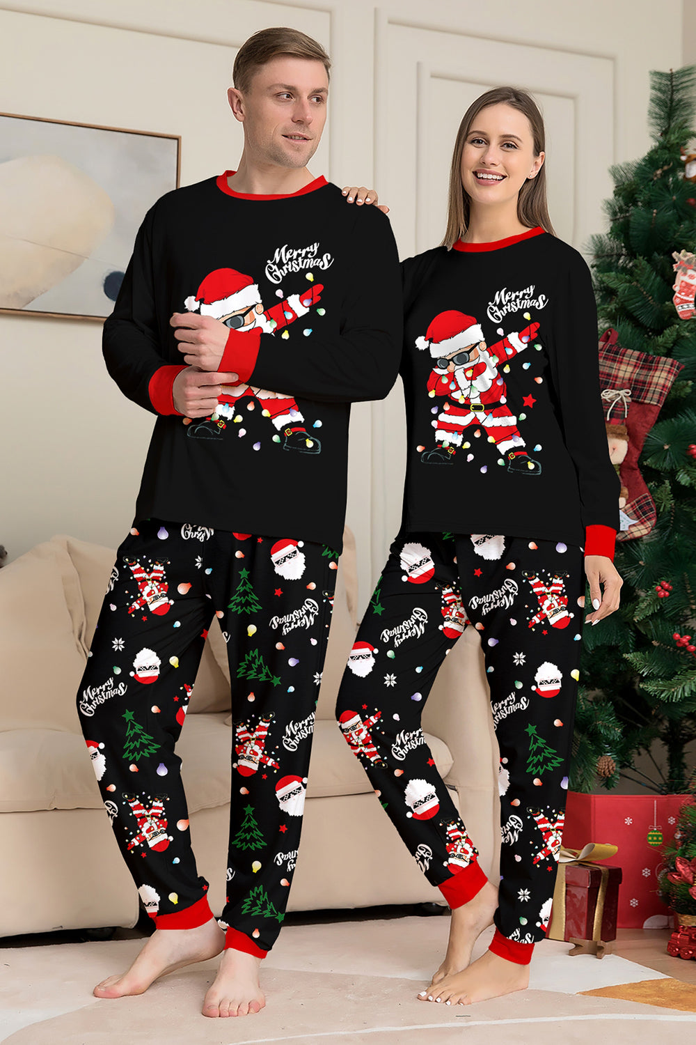 Black Christmas Santa Print Family Matching Pajamas Sets