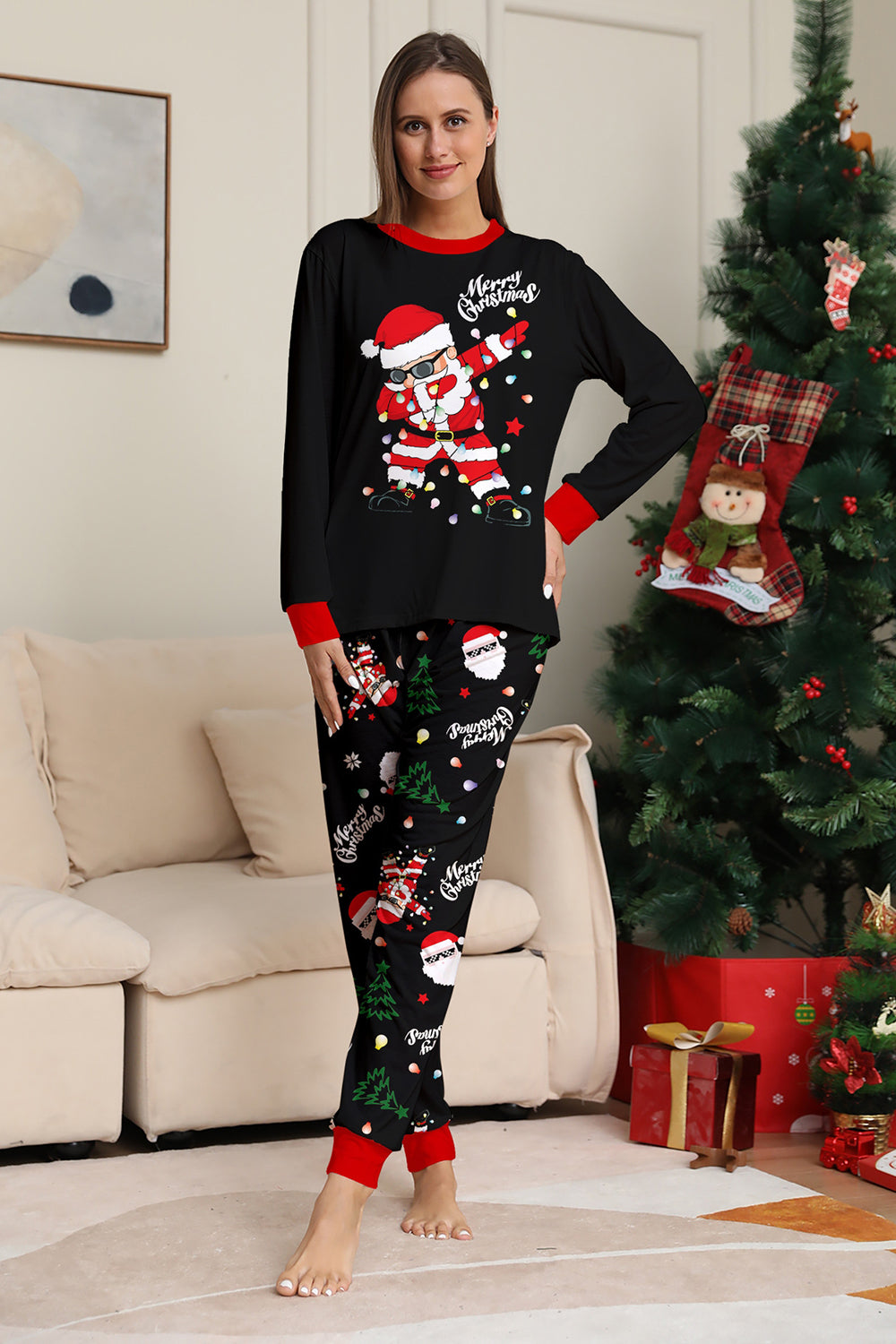 Black Christmas Santa Print Family Matching Pajamas Sets
