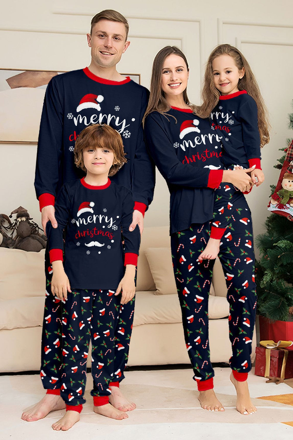 Navy Merry Christmas Print Family Matching Pajamas Set