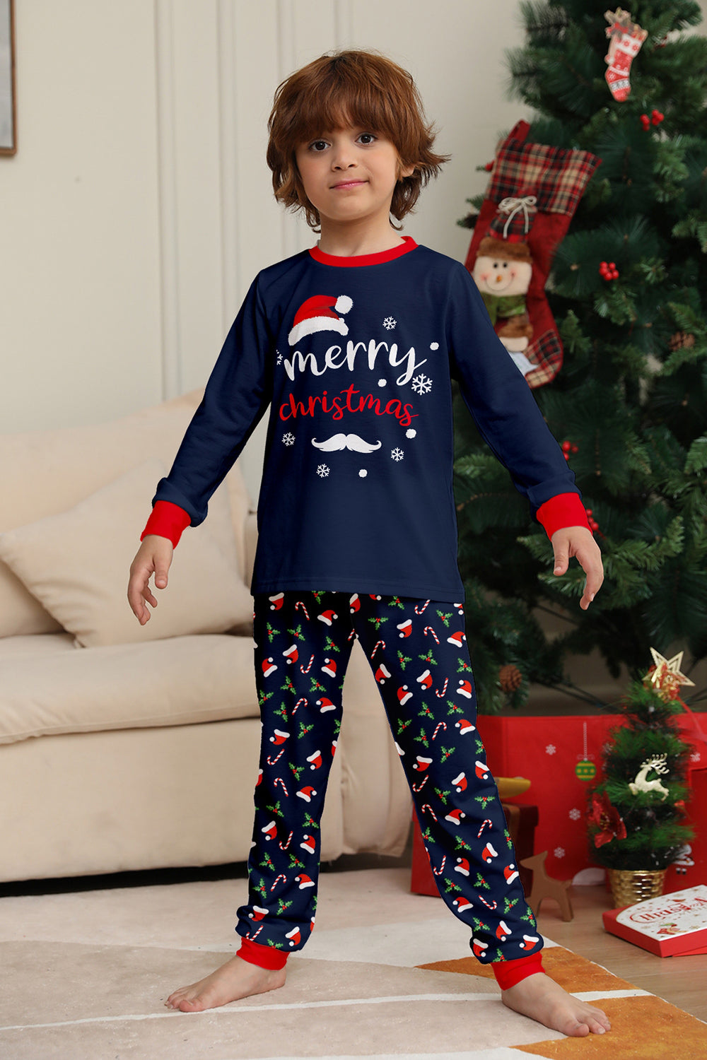 Navy Merry Christmas Print Family Matching Pajamas Set