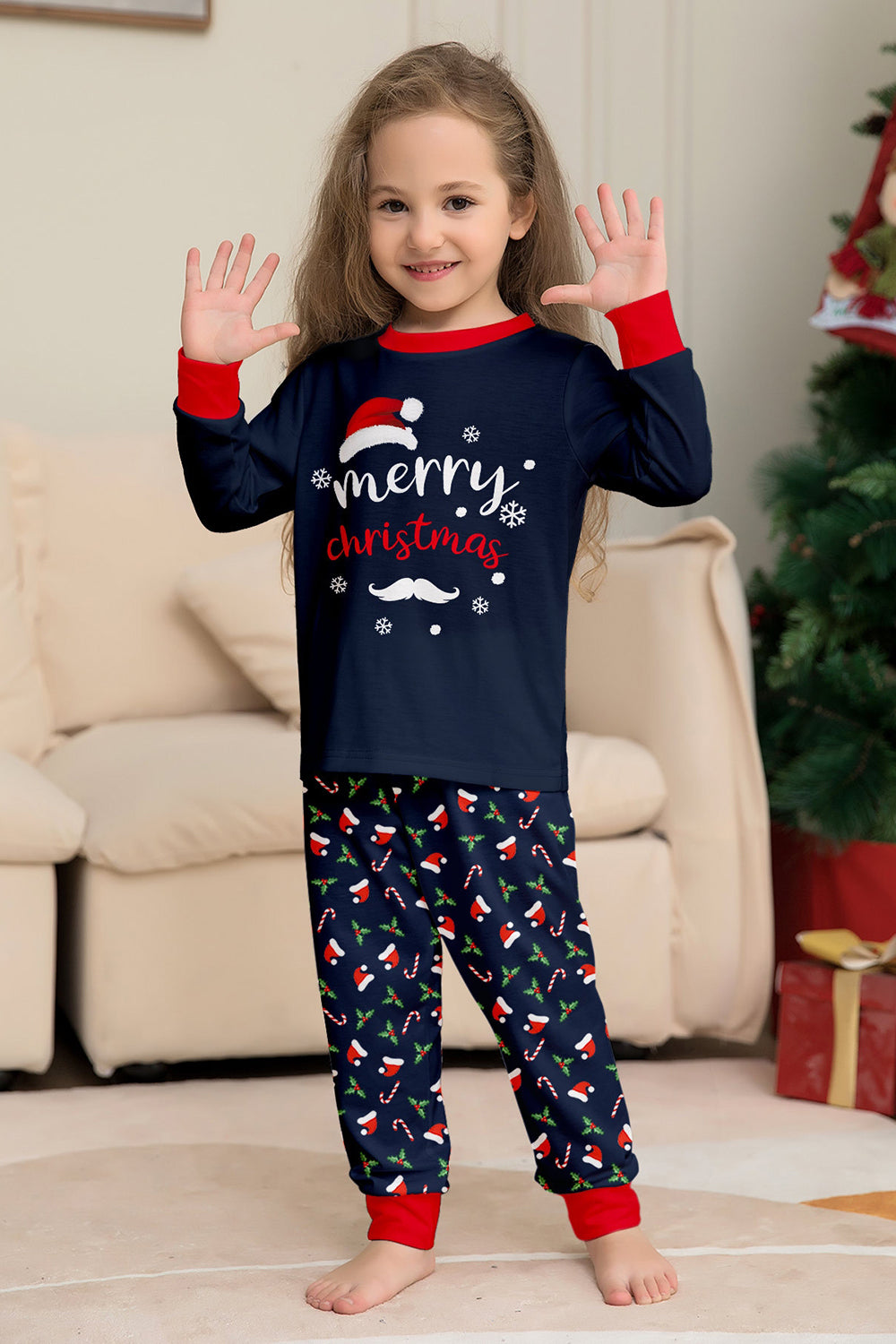Navy Merry Christmas Print Family Matching Pajamas Set