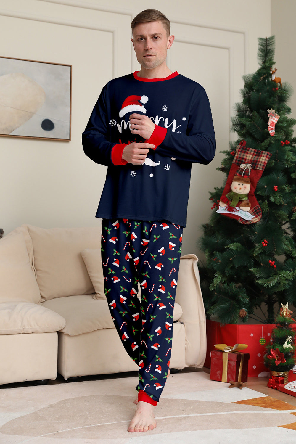 Navy Merry Christmas Print Family Matching Pajamas Set