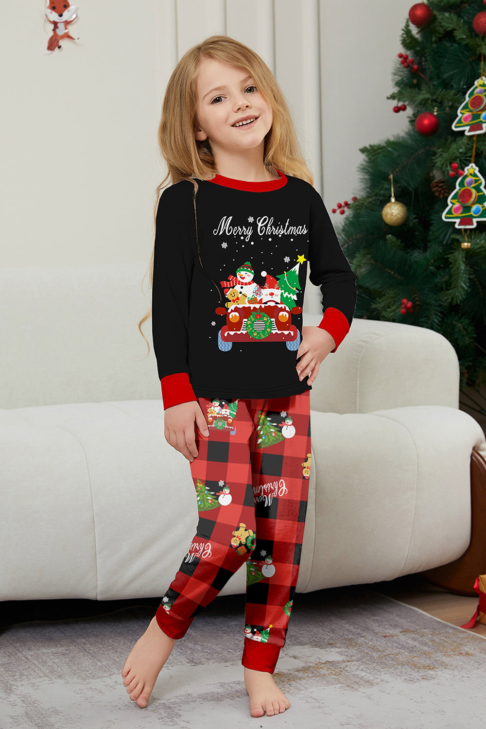 Black Red Print Merry Christmas Plaid Family Matching Pajamas Set