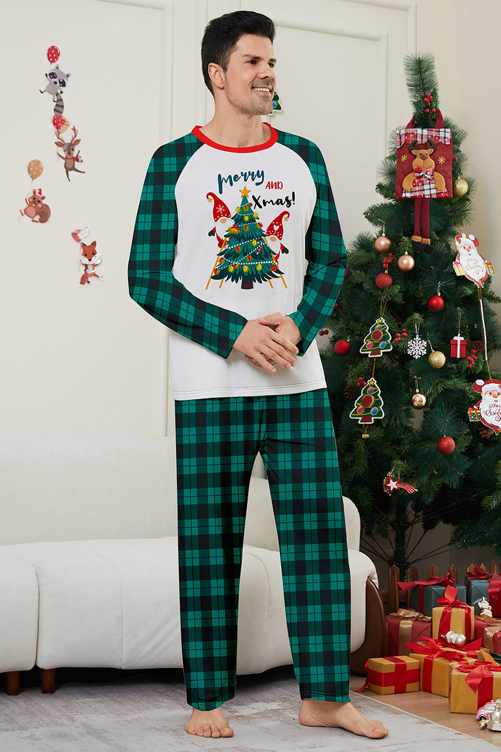 Green Merry Christmas Plaid Print Family Matching Pajamas Set