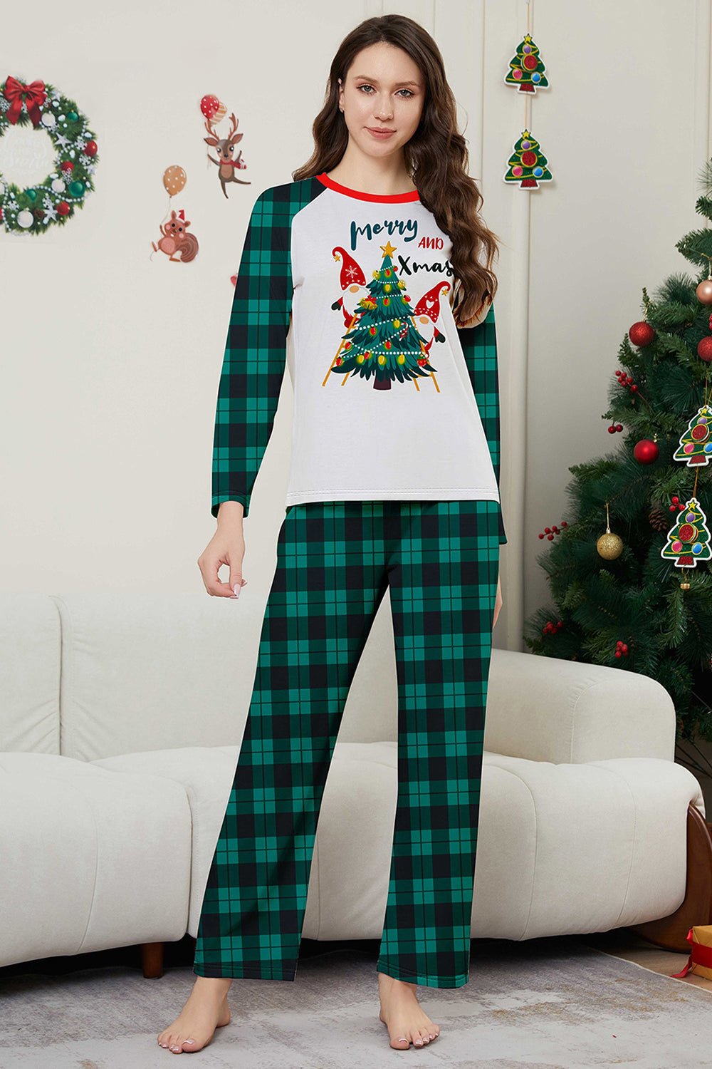 Green Merry Christmas Plaid Print Family Matching Pajamas Set