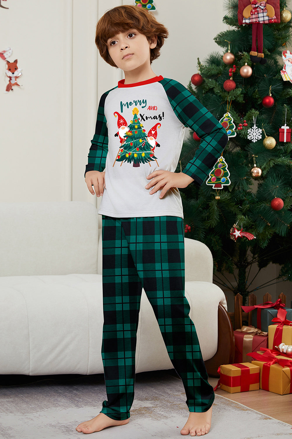 Green Merry Christmas Plaid Print Family Matching Pajamas Set