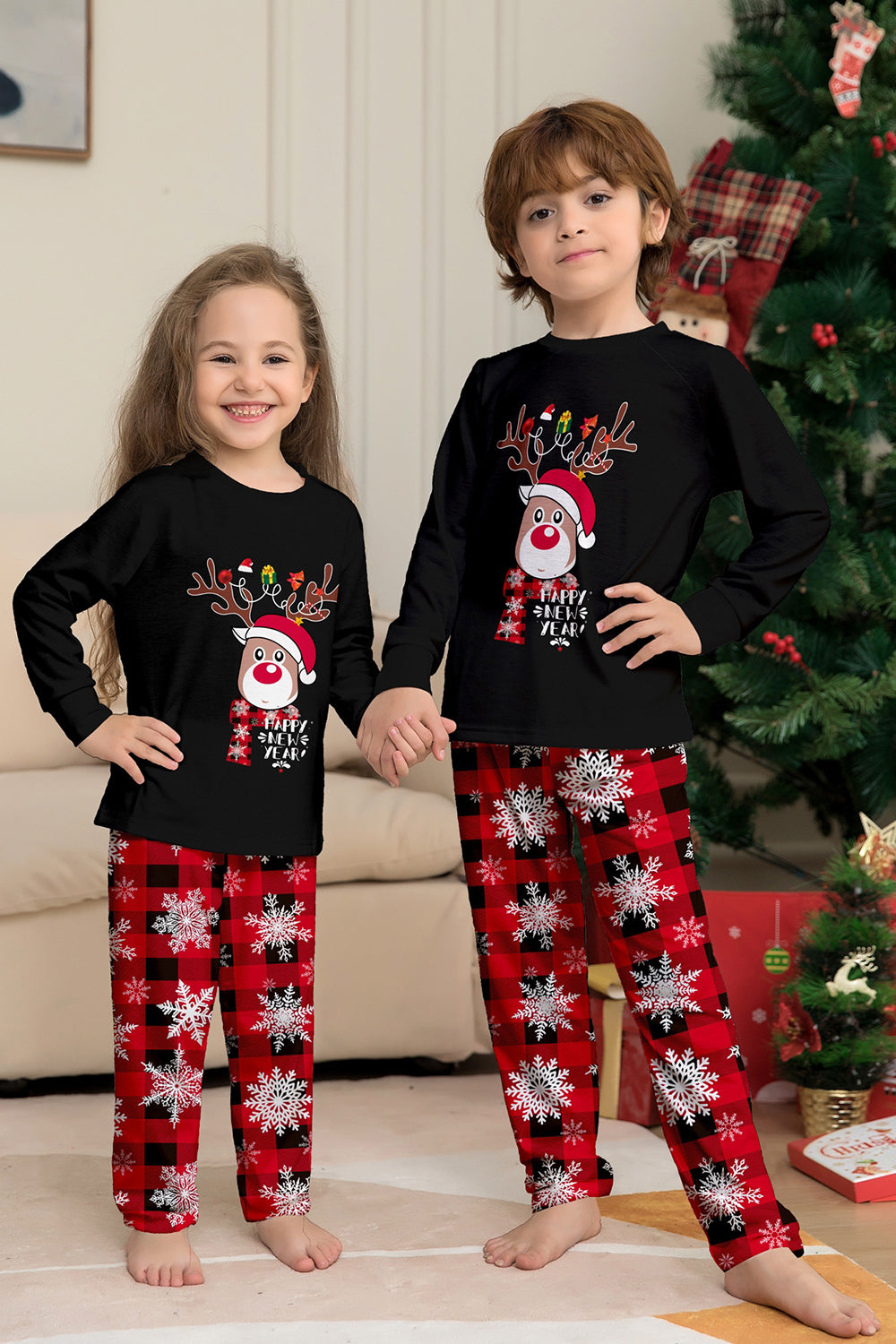 Ensemble de pyjamas de Noël assortis pour toute la famille, imprimé de rennes et de flocons de neige, noir et rouge