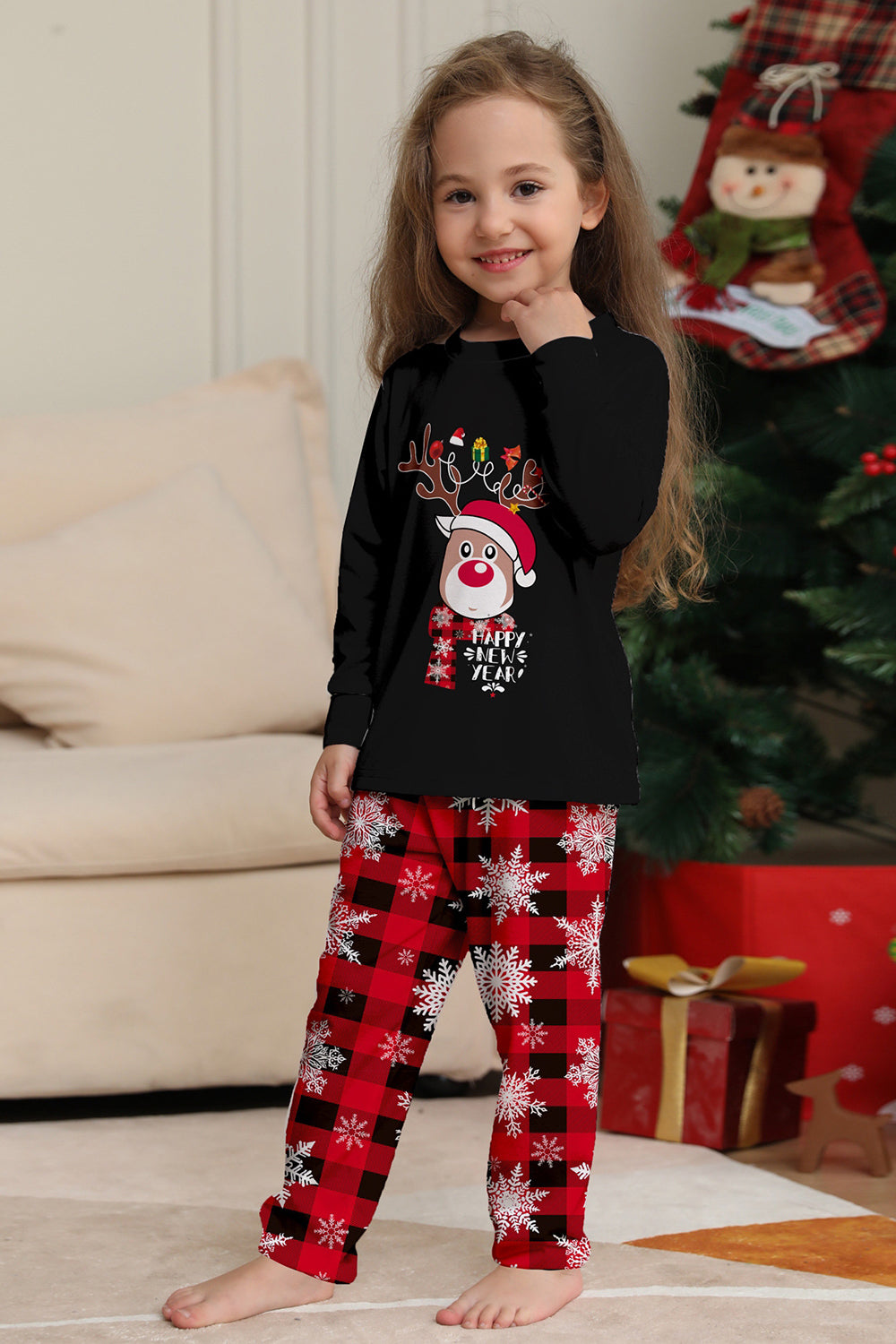 Ensemble de pyjamas de Noël assortis pour toute la famille, imprimé de rennes et de flocons de neige, noir et rouge