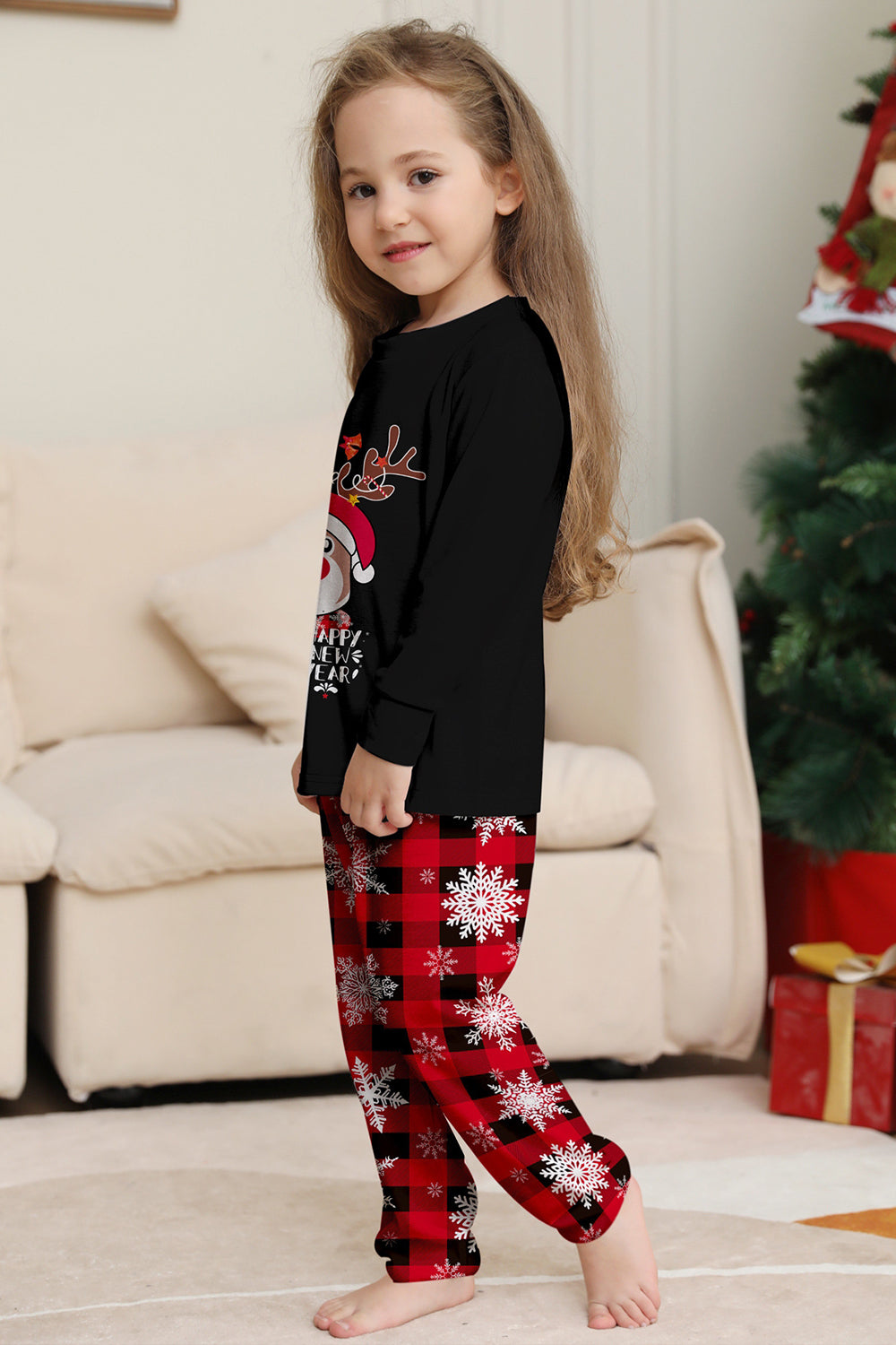 Ensemble de pyjamas de Noël assortis pour toute la famille, imprimé de rennes et de flocons de neige, noir et rouge