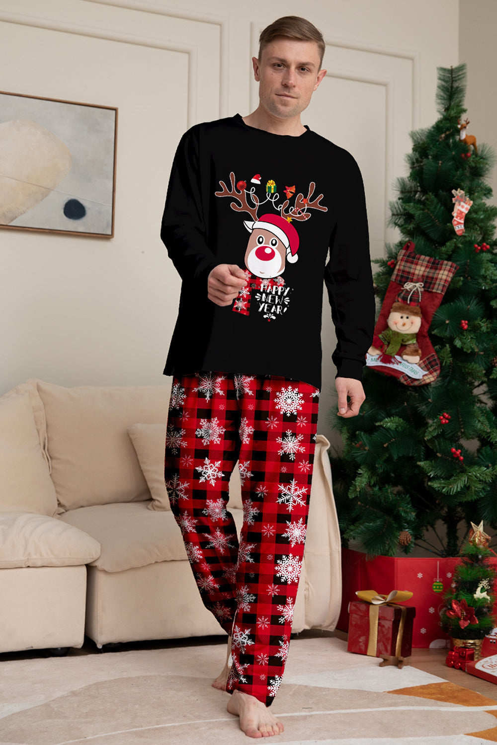 Ensemble de pyjamas de Noël assortis pour toute la famille, imprimé de rennes et de flocons de neige, noir et rouge