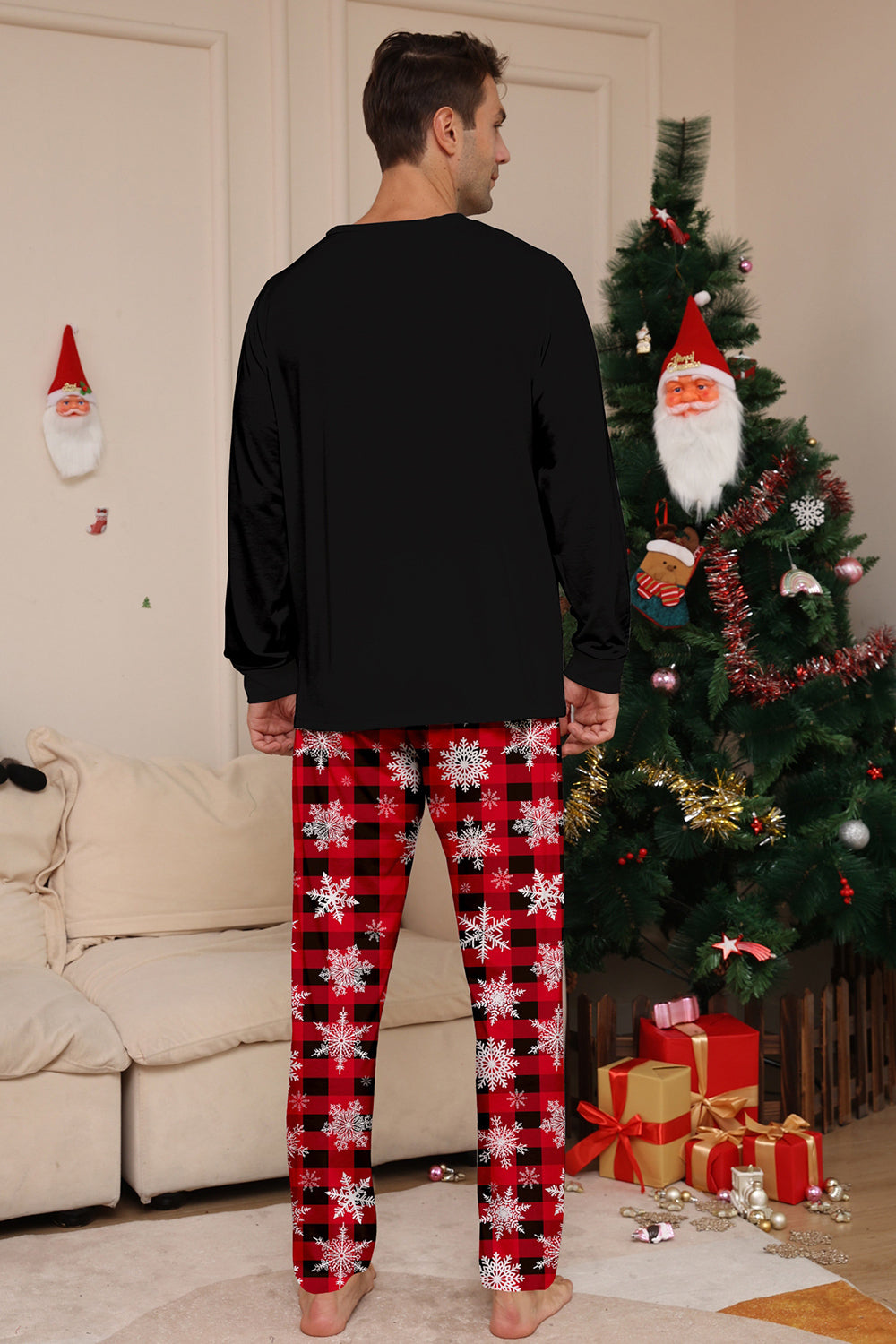 Ensemble de pyjamas de Noël assortis pour toute la famille, imprimé de rennes et de flocons de neige, noir et rouge
