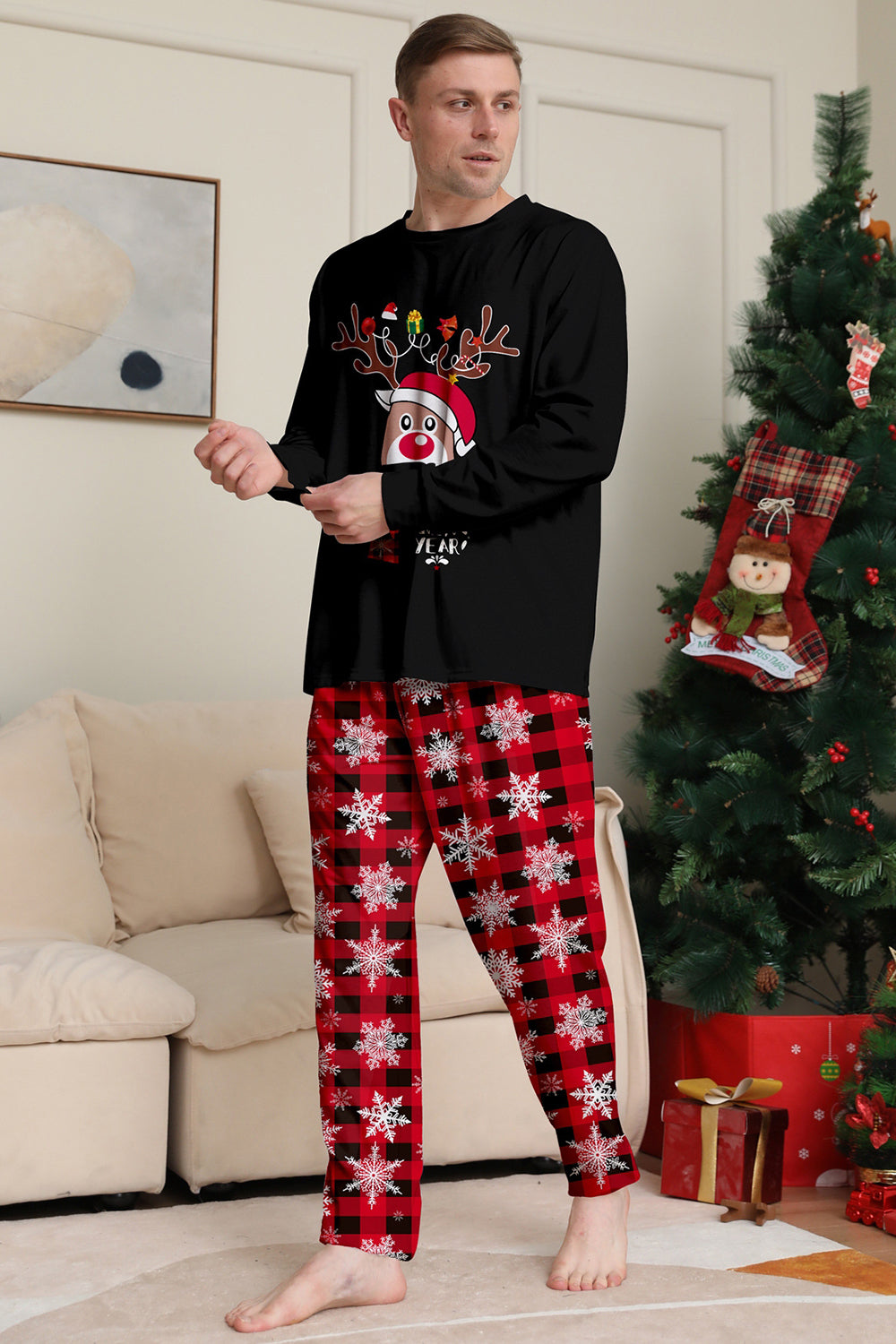 Ensemble de pyjamas de Noël assortis pour toute la famille, imprimé de rennes et de flocons de neige, noir et rouge