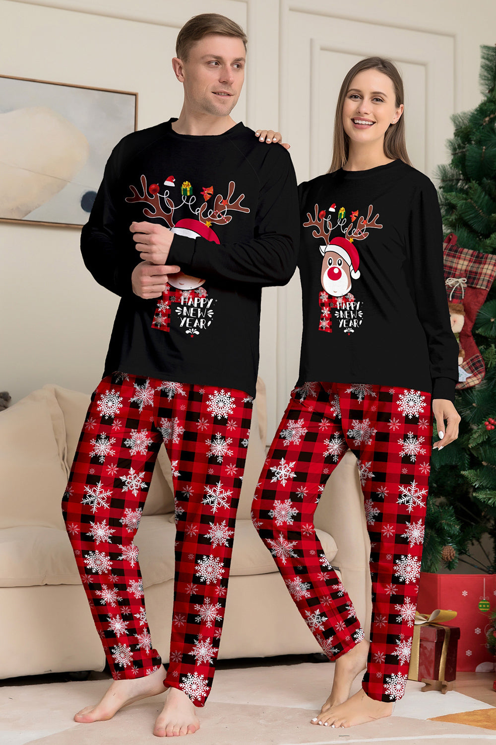 Ensemble de pyjamas de Noël assortis pour toute la famille, imprimé de rennes et de flocons de neige, noir et rouge
