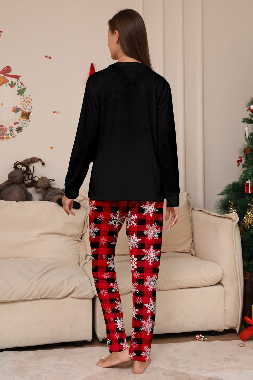 Ensemble de pyjamas de Noël assortis pour toute la famille, imprimé de rennes et de flocons de neige, noir et rouge