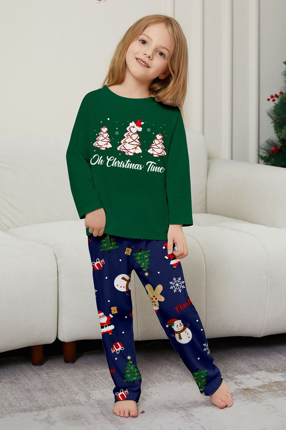 Green Blue Tree Print Long-Sleeve Christmas Family Matching Pajamas